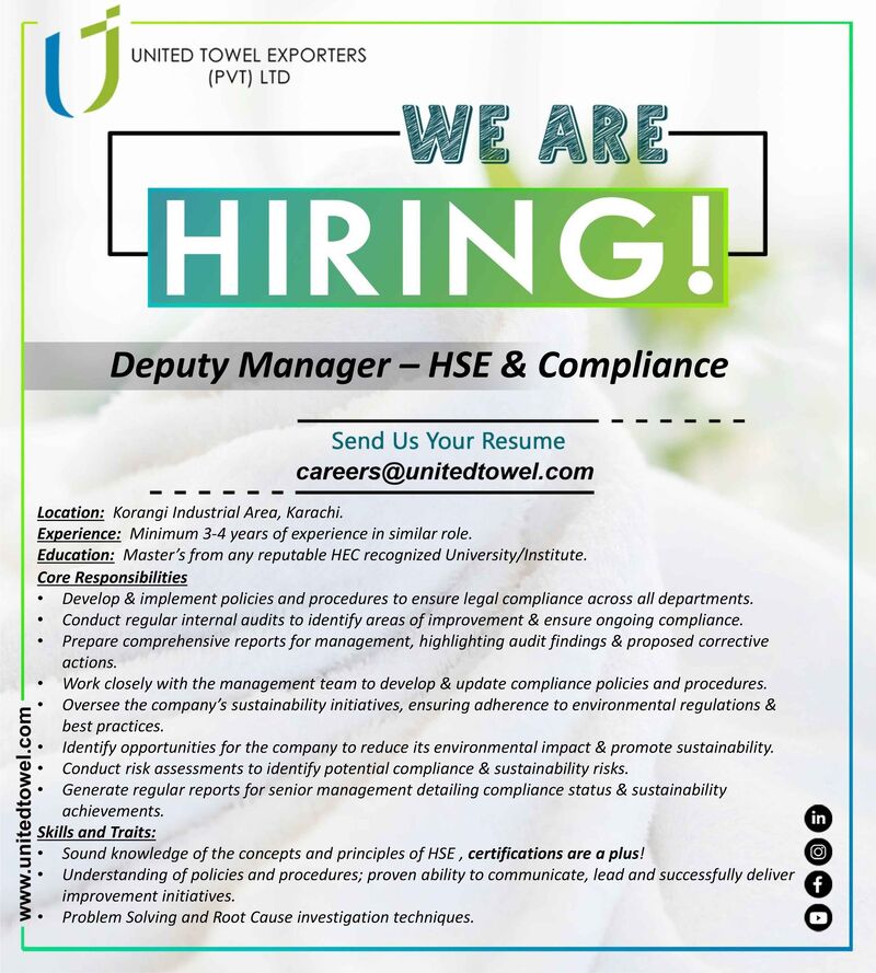 Deputy Manager HSE and Compliance Jobs in Karachi 2024