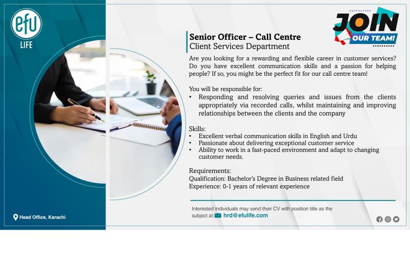 Senior Officer Call Center Jobs in Karachi 2024