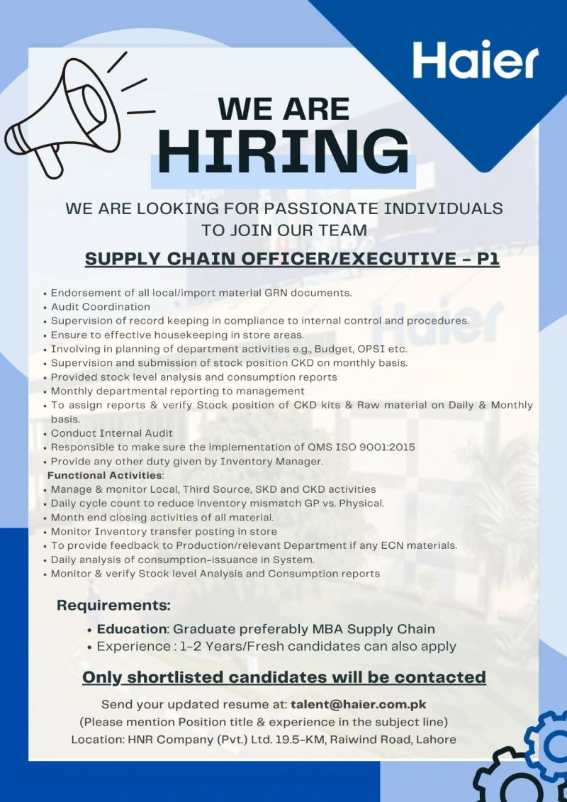 Supply Chain Officer Jobs in Lahore 2024