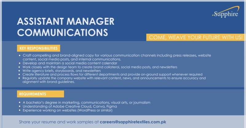 Assistant Manager Communications Jobs in Lahore 2024