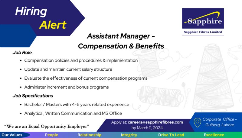 Assistant Manager Compensation and Benefits Jobs in Lahore 2024