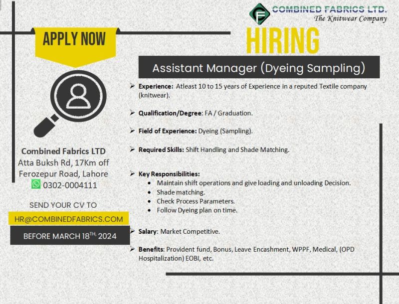 Assistant Manager Dyeing Sampling Jobs in Lahore 2024