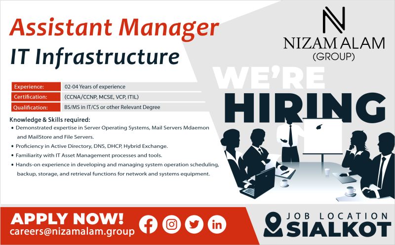 Assistant Manager IT Infrastructure Jobs in Sialkot 2024