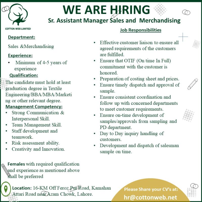 Assistant Manager Sales Jobs in Lahore 2024