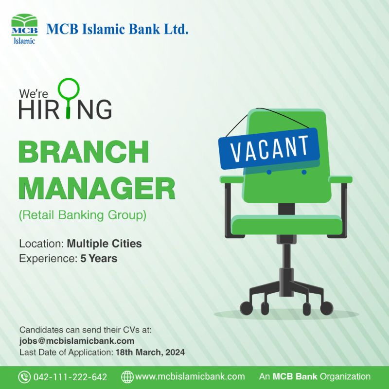 Branch Manager (Retail Banking Group) Jobs in Pakistan 2024