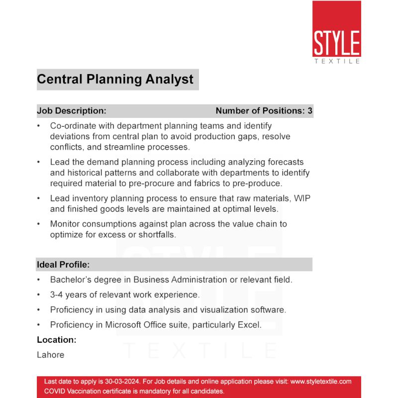 Central Planning Analyst Jobs in Lahore 2024