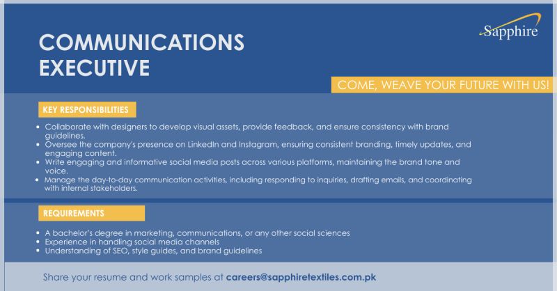 Communications Executive Jobs in Lahore 2024