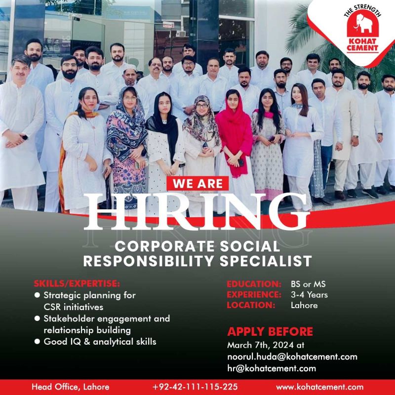 Corporate Social Responsibility Specialist Jobs in Lahore 2024