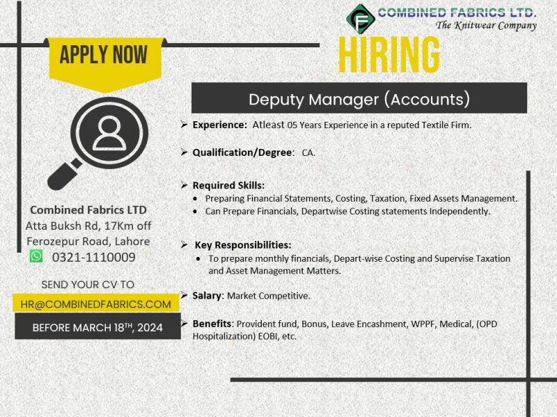 Deputy Manager Accounts Jobs in Lahore 2024