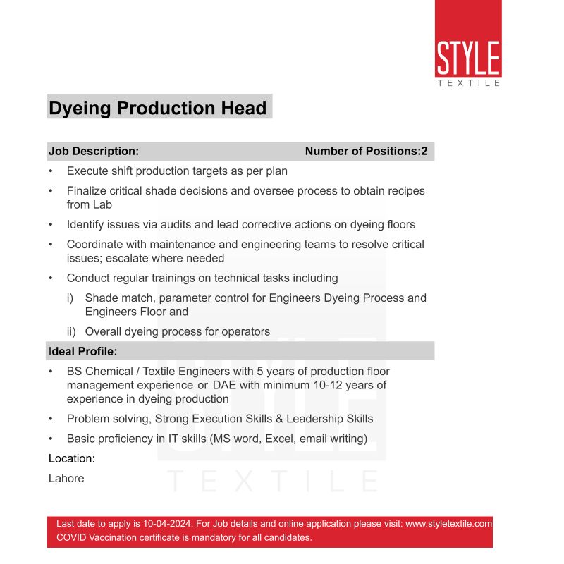 Dyeing Production Head Jobs in Lahore 2024