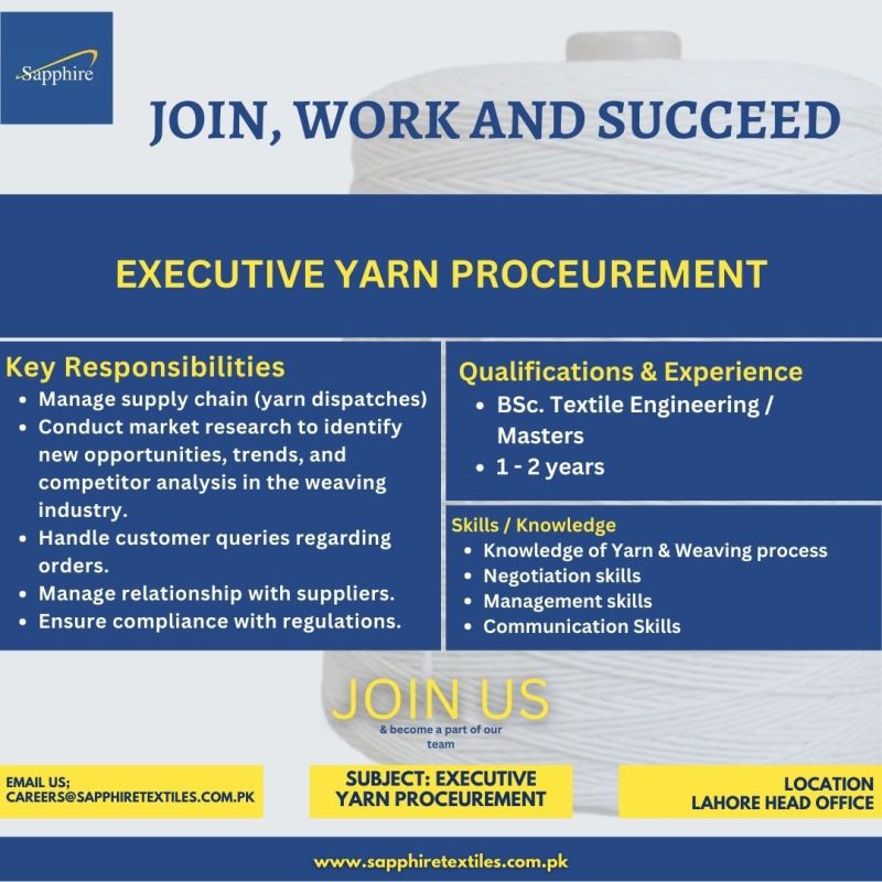 Executive Yarn Procurement Jobs in Lahore 2024