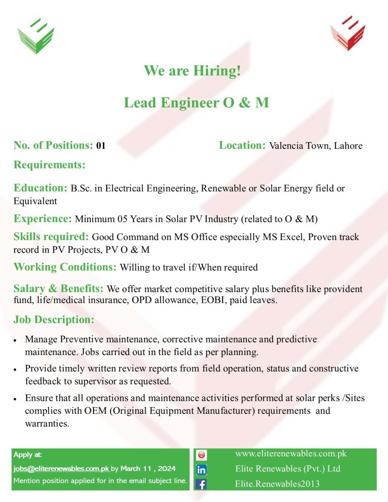 Lead Engineer Jobs in Lahore 2024