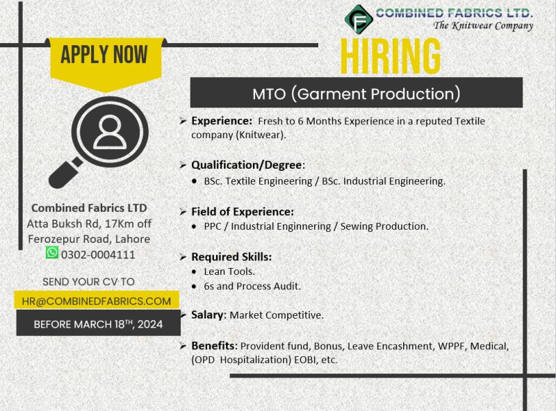 MTO - Garments Production Jobs in Lahore 2024