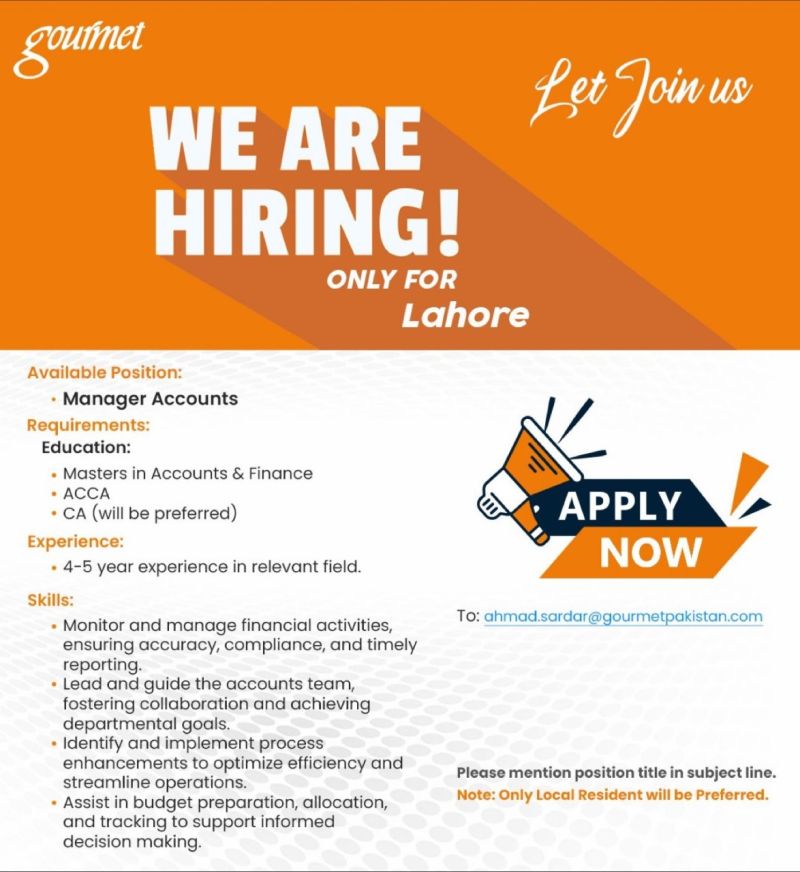 Manager Accounts Jobs in Lahore 2024