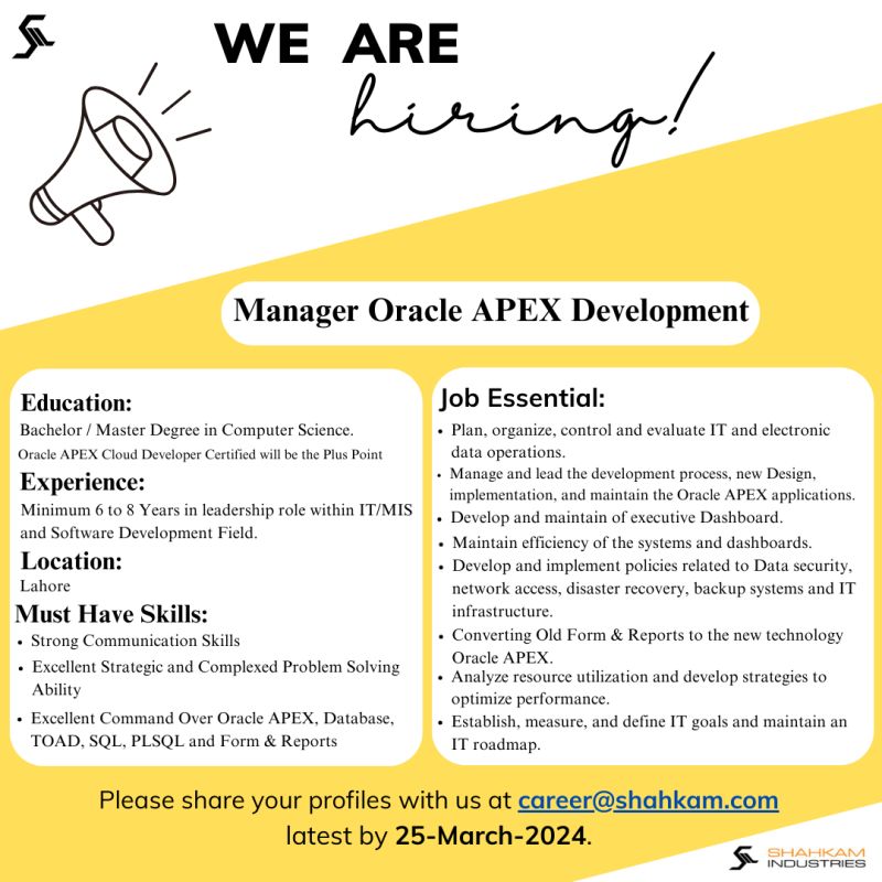 Manager Oracle APEX Development Jobs in Lahore 2024