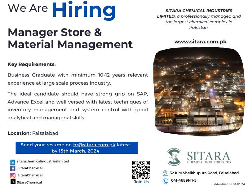Manager Store and Material Management Jobs in Faisalabad 2024