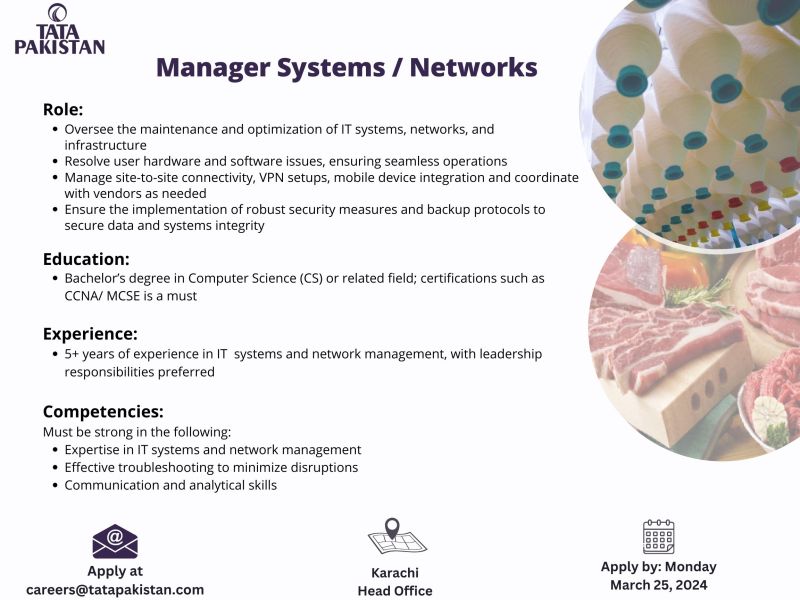 Manager Systems Network Jobs in Karachi 2024