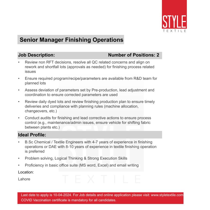 Senior Manager Finishing Operations Jobs in Lahore 2024
