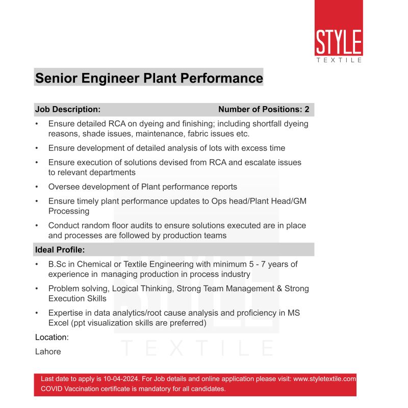 Senior Engineer Plant Performance Jobs in Lahore 2024
