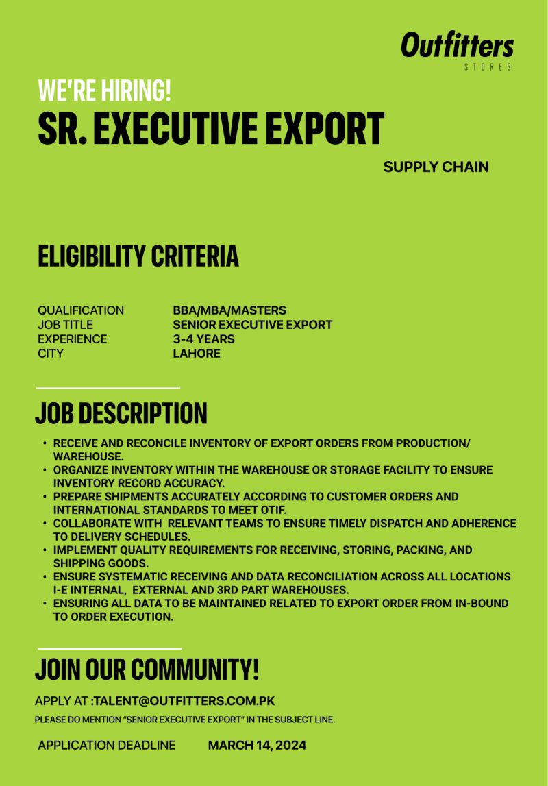 Senior Executive Export Jobs in Lahore 2024