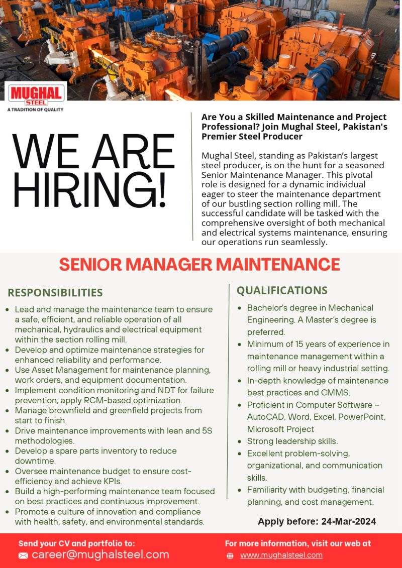 Senior Manager Maintenance Jobs in Lahore 2024
