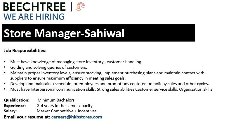 Store Manager Jobs in Sahiwal 2024