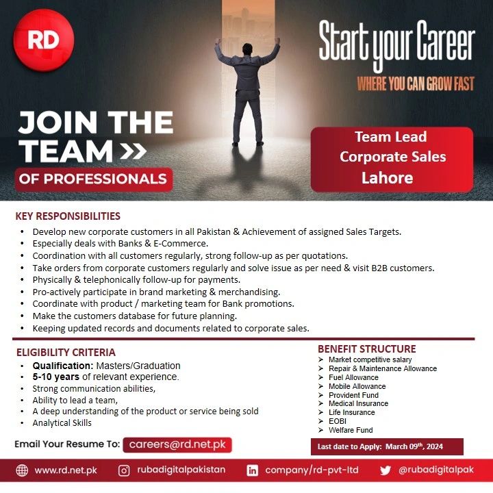 Team Lead Corporate Sales Jobs in Lahore 2024