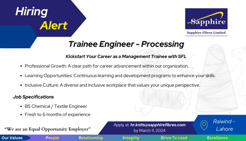 Trainee Engineer Processing Jobs in Lahore 2024