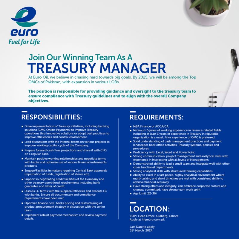 Treasury Manager Jobs in Lahore 2024
