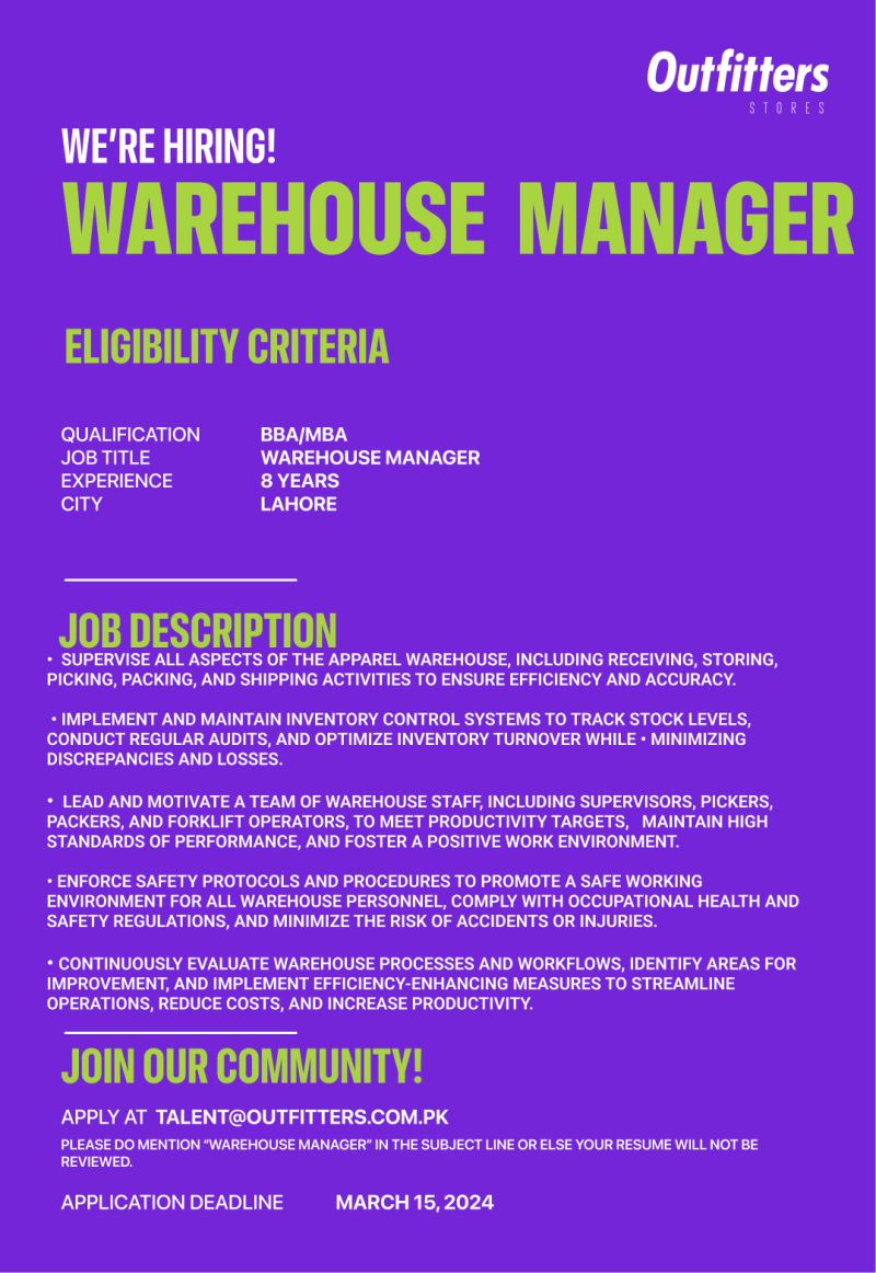 Warehouse Manager Jobs in Lahore 2024