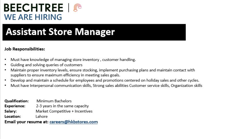 Assistant Store Manager Jobs in Lahore 2024