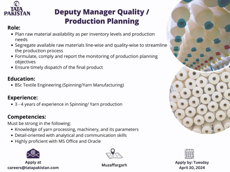 Deputy Manager Quality and Production Planning Jobs in Karachi 2024