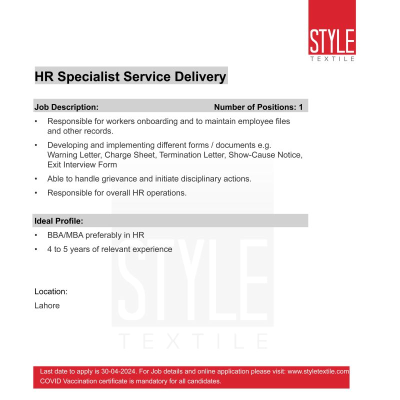 HR Specialist Service Delivery Jobs in Lahore 2024