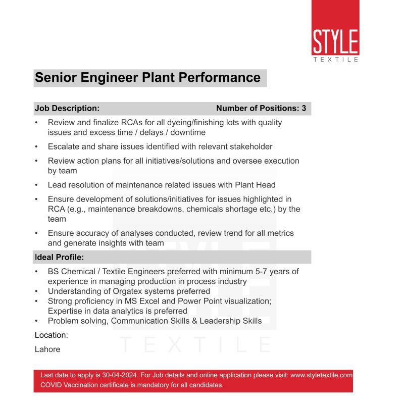 Senior Engineer Plant Performance Jobs in Lahore 2024