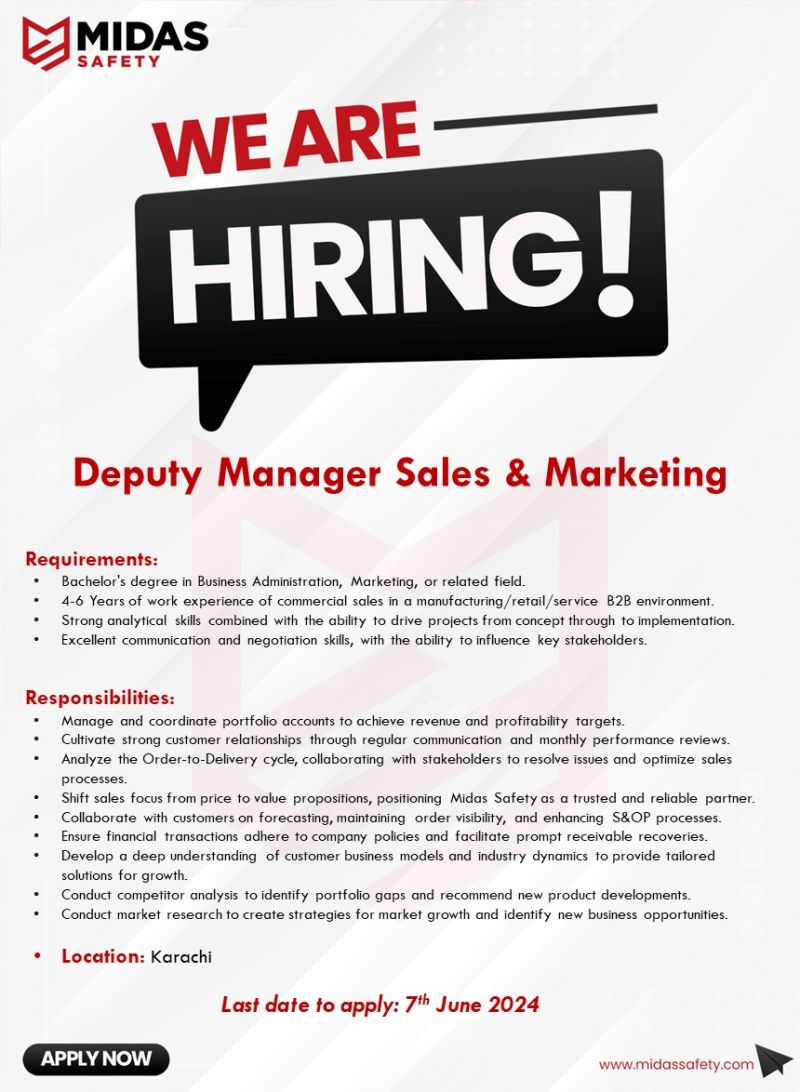 Deputy Manager Sales and Marketing Jobs in Karachi 2024