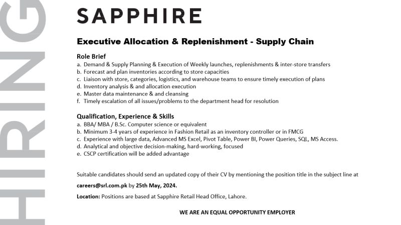 Executive Allocation and Replenishment Jobs in Lahore 2024