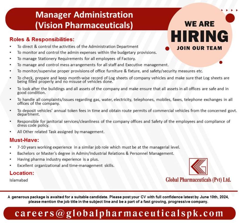 Manager Administration Jobs in Islamabad 2024