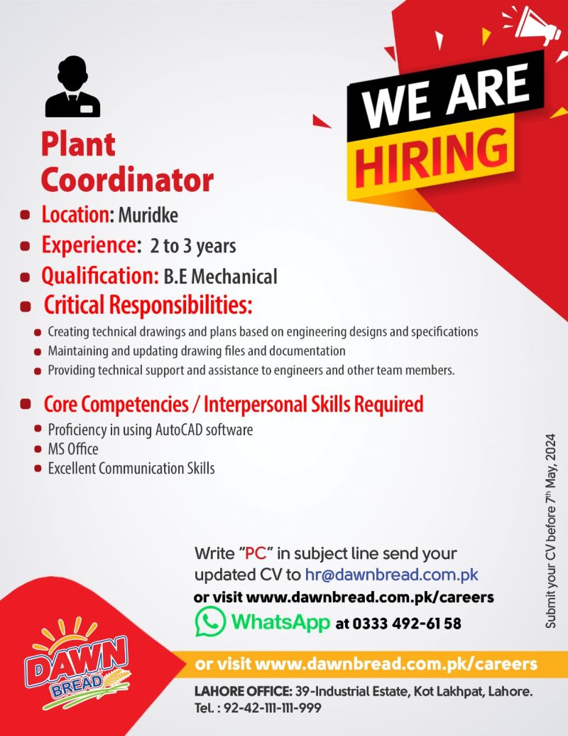 Plant Coordinator Jobs in Lahore 2024