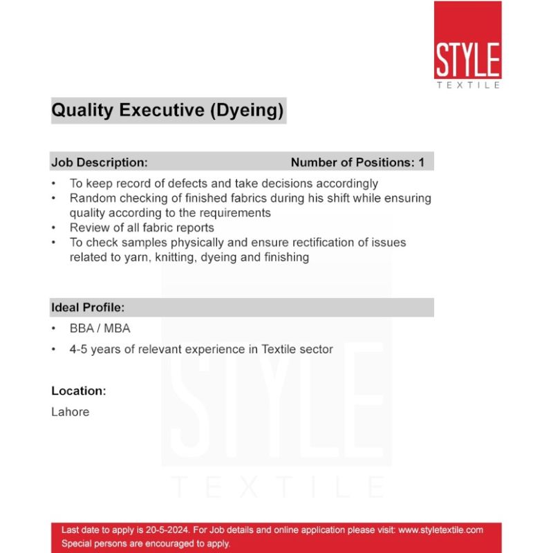 Quality Executive Dyeing Jobs in Lahore 2024