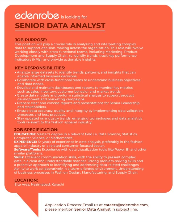 Senior Data Analyst Jobs in Karachi 2024