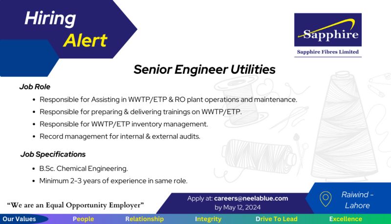 Senior Engineer Utilities Jobs in Lahore 2024